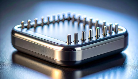 A macro shot captures the intricate detail of a high-tech processor component, its precision pins gleaming under dramatic lighting. This image symbolizes the core of modern computing, data processing, and the relentless advance of future technology.の素材