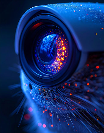 In a world saturated with data, a futuristic AI camera lens awakens. Glowing fiber optic strands transmit a constant stream of information, processing the digital landscape with cold, calculating precision. This is the eye of the future, capturing every detail in a symphony of light and technology.の素材
