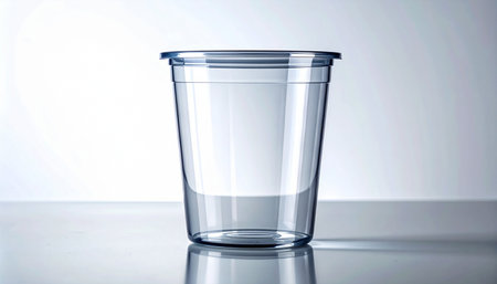 A single, clean transparent plastic cup stands on a reflective surface, its simple form highlighted by studio lighting. This minimalist composition is perfect for mockups, representing concepts of convenience, disposability, or as a blank canvas for beverage branding and design.の素材
