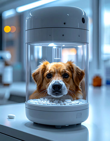 In a sterile, high-tech laboratory, a dogs head is displayed in a jar filled with pills, symbolizing advancements in veterinary medicine, genetic preservation, or the ethical questions surrounding animal science. The subjects calm gaze invites contemplation on the future of pet care and biotechnology.の素材