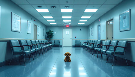 A small, forgotten teddy bear sits alone in the center of a long, sterile hospital hallway. The rows of empty chairs and the cold, blue fluorescent light create a powerful sense of loneliness and waiting, symbolizing childhood innocence lost in an impersonal environment.の素材