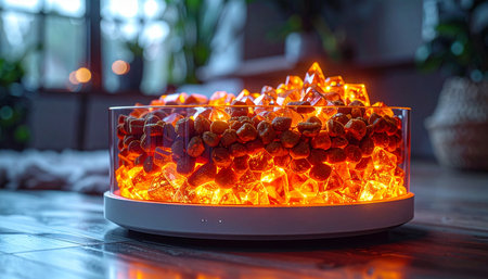 A modern tabletop lamp filled with glowing amber crystals casts a warm, inviting light across a wooden surface. This elegant piece of decor creates a serene and cozy atmosphere, perfect for a relaxing evening at home.の素材