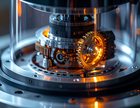 A close-up view reveals the heart of a complex machine, where golden gears mesh with perfect precision. Bathed in a warm, internal glow, this mechanism symbolizes the power of innovation, intricate engineering, and the relentless drive of technological progress.の素材