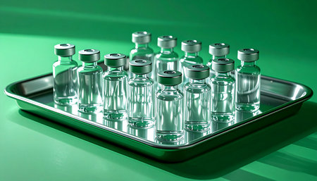 Rows of sterile glass vials stand ready on a stainless steel tray, awaiting a life-saving vaccine. The clean, green background symbolizes hope and the promise of a healthier future through medical innovation and scientific research.の素材