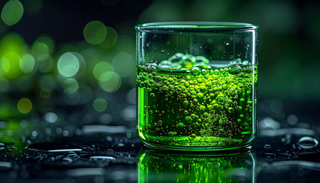 In a dimly lit laboratory, a glass beaker holds a potential solution to the worlds energy crisis. Bubbling microalgae glow with vibrant green life, representing a breakthrough in sustainable biofuel technology and a hopeful step towards a cleaner future.の素材