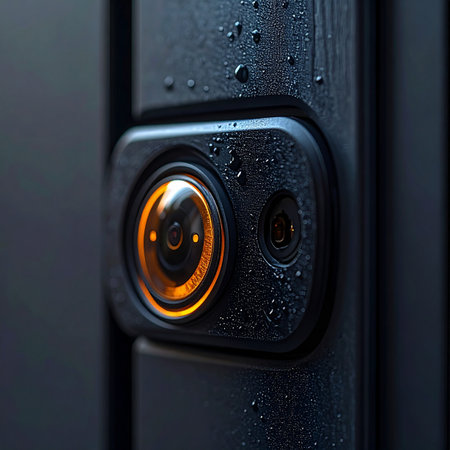 In the pouring rain, a high-tech security sensor remains vigilant. Its glowing orange eye pierces through the darkness, a symbol of constant surveillance, advanced artificial intelligence, and unwavering protection against the elements.の素材