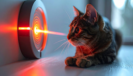 A curious tabby cat lies on the floor, its gaze locked onto a brilliant red laser beam emanating from a futuristic device. This scene captures a moment of intense focus, blending domestic pet life with concepts of science, innovation, and high-tech discovery.の素材