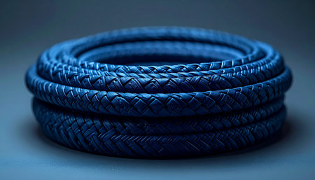 A detailed macro shot of a heavy-duty braided blue coil, illuminated by a cool, mysterious light. The intricate pattern and durable texture suggest themes of industrial strength, advanced technology, and futuristic innovation.の素材