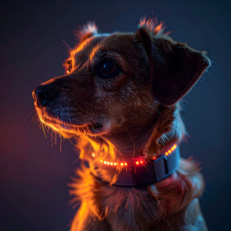 In a world of neon and shadows, a loyal canine companion is equipped for the future. Its illuminated collar cuts through the darkness, symbolizing safety, advanced technology, and the unbreakable bond between humans and their pets in a modern age.の素材