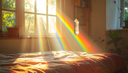 As the morning sun rises, its golden rays stream through a bedroom window, catching a hanging crystal prism. A vibrant rainbow is cast across the cozy bed, filling the tranquil space with a magical light and a feeling of hope and serenity for the new day.の素材