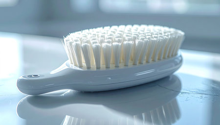 A soft-bristled baby brush rests in the gentle morning light, its reflection shimmering on a clean surface. This simple tool represents a moment of quiet connection and tender care in a newborns daily routine, perfect for illustrating concepts of parenting, hygiene, and gentle love.の素材