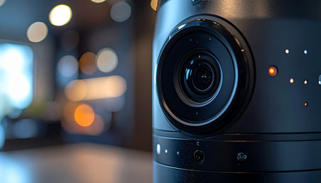 In a modern, softly lit space, a state-of-the-art 360-degree camera stands ready. Its lens captures every angle, documenting the environment for immersive virtual reality experiences, live streaming, or innovative digital content.の素材