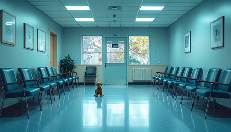 In the cold, sterile quiet of an empty waiting room, a small teddy bear sits alone on the polished floor. A forgotten companion, it waits patiently, a symbol of lost innocence, loneliness, and the silent stories held within hospital walls.の素材