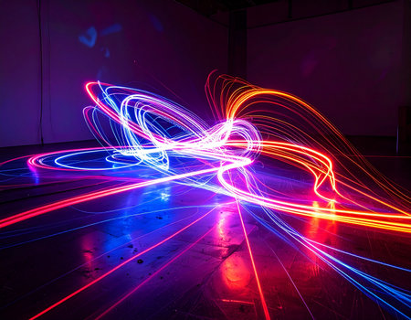 Streams of vibrant neon light dance and swirl across a reflective surface, creating a dynamic and energetic abstract pattern. This long-exposure photograph captures the essence of speed, technology, and futuristic innovation in a dazzling display of color and motion.の素材