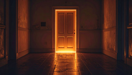 In the quiet darkness of an empty corridor, a single door glows with an inviting yet mysterious orange light. It stands as a silent invitation to an unknown future, a portal to new opportunities, or the entrance to a well-kept secret. The reflection on the polished floor beckons one to step forward and discover what lies beyond the threshold.の素材