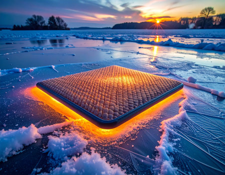 As the sun dips below the horizon, casting a warm glow across a vast frozen lake, a mysterious technological object emanates a powerful orange light. This surreal scene blends the cold, natural beauty of a winter landscape with the intrigue of futuristic energy, creating a sense of wonder and discovery.の素材