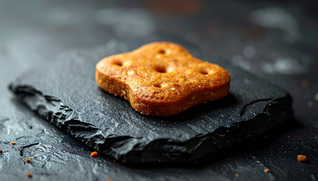 A single, perfectly baked gourmet dog biscuit rests on a dark, textured slate, highlighting its wholesome ingredients. This isnt just a treat its a special reward, a moment of care for a beloved companion.の素材