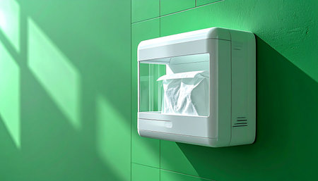 A state-of-the-art 3D printer operates against a vibrant green wall, bathed in natural sunlight. The machine meticulously crafts a white object, symbolizing the intersection of modern design, rapid prototyping, and the future of manufacturing. This image evokes concepts of innovation, precision, and sustainable progress.の素材