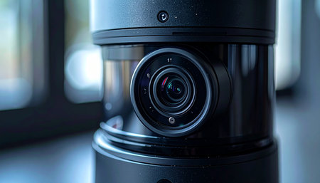 A detailed macro shot captures the intricate lens of a modern 360-degree camera, poised to record immersive virtual reality experiences. The cool, ambient light highlights its advanced technology, symbolizing innovation in digital media and panoramic content creation.の素材