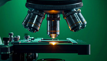 In the quiet of the lab, a powerful microscope illuminates a single specimen, glowing with potential. This is the moment of discovery, where a tiny detail could lead to a monumental breakthrough in science or medicine.の素材