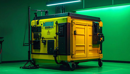 A powerful yellow industrial generator stands ready in a room bathed in an atmospheric green glow. This mobile power unit symbolizes reliability and preparedness, providing essential energy for film sets, construction sites, or emergency situations.の素材