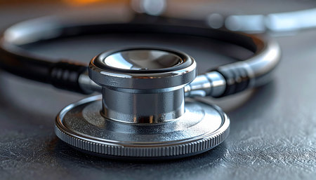 A close-up shot of a professional stethoscope resting on a cool, metallic surface. This essential diagnostic tool symbolizes the precision, trust, and dedication at the heart of modern healthcare and medical science.の素材
