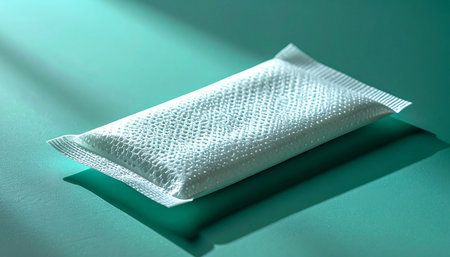 A single, pristine white hygiene packet rests on a clean teal surface, bathed in soft, directional light. This minimalist composition evokes a sense of modern cleanliness, purity, and the simple elegance of personal care essentials, perfect for health, wellness, and beauty concepts.の素材