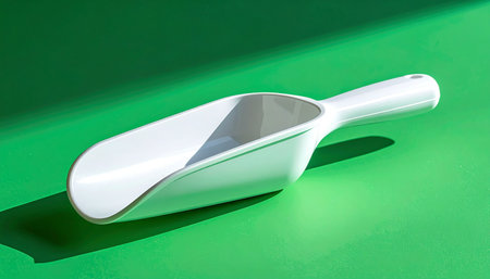 A clean, white utility scoop rests on a vibrant green surface, bathed in bright, direct light. The stark contrast and hard shadow create a bold, graphic composition, suggesting concepts of utility, measurement, and simple, modern design.の素材
