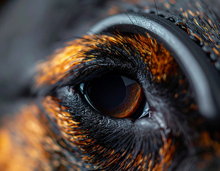 An extreme close-up captures the deep, soulful gaze of a loyal canine companion. The rich brown iris reflects a world of trust, protection, and unwavering devotion, revealing the profound bond between a pet and its owner.の素材