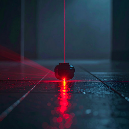 In a dimly lit, high-security facility, a network of brilliant red laser beams forms an impenetrable grid. At its center, a critical device rests on the wet, reflective floor, its status unknown. The scene is filled with suspense and tension, perfect for themes of espionage, futuristic technology, and high-stakes missions.の素材