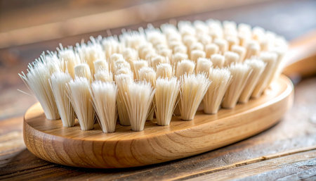 A close-up of a natural bristle body brush resting on a rustic wooden surface, evoking a sense of calm and wellness. This image is perfect for concepts related to spa treatments, self-care routines, and eco-friendly beauty products.の素材