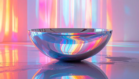 A sleek, iridescent bowl rests on a reflective surface, capturing and refracting a cascade of vibrant, futuristic light. This ethereal scene evokes a sense of calm innovation and digital serenity, perfect for showcasing luxury products or representing concepts of technology and wellness.の素材