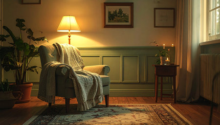 A comfortable armchair, draped with a soft blanket, sits waiting in a warmly lit corner. The gentle glow from the lamp creates a peaceful and inviting atmosphere, the perfect spot to unwind with a good book after a long day. This scene evokes a sense of tranquility, comfort, and quiet solitude.の素材