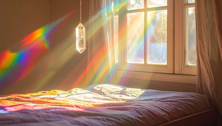 A quiet morning begins as sunlight streams through a window, caught by a hanging crystal prism that casts a spectacular rainbow across a cozy, unmade bed. The vibrant spectrum of light creates a magical, peaceful atmosphere, inviting a moment of calm, wonder, and hopeful new beginnings.の素材