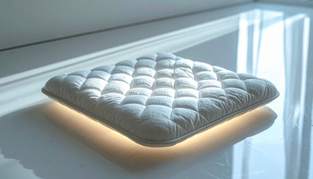 Experience the future of sleep with this innovative mattress topper, floating effortlessly on a warm, gentle glow. In a serene, minimalist room, this image evokes a sense of weightless comfort, tranquility, and magical rest, perfect for concepts of wellness, technology, and peaceful dreams.の素材