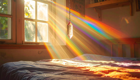 Golden morning light streams through a window, refracted by a crystal prism to cast a vibrant rainbow across a cozy, unmade bed. The serene scene evokes a sense of peace, hope, and the simple magic of a new day beginning in a tranquil sanctuary.の素材