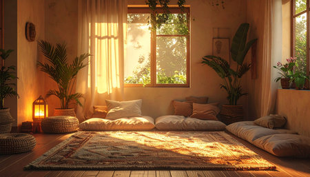 Golden hour sunlight streams through the window, casting long shadows across a tranquil room designed for peace and mindfulness. This cozy bohemian sanctuary, with its floor cushions and lush plants, offers a perfect retreat for meditation and relaxation.の素材