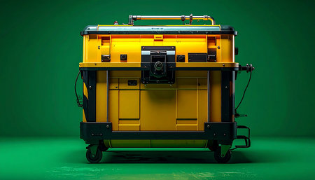 A heavy-duty yellow equipment case stands ready against a vibrant green background. This rugged, wheeled container is built for durability and security, designed to protect valuable tools, technology, or mission-critical gear during transport.の素材