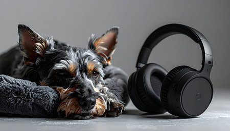 A tiny Yorkshire Terrier puppy curls up for a peaceful nap on a soft surface. Beside it rests a pair of modern black headphones, creating a scene of quiet tranquility and the gentle intersection of pet companionship and modern audio technology.の素材