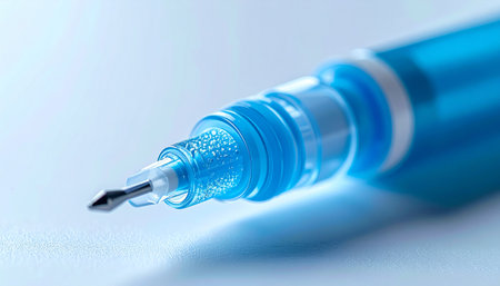 A detailed macro photograph captures the precise tip of a blue fineliner pen, poised and ready. The vibrant ink and sharp point symbolize the moment before an idea is born, a signature is made, or a creative journey begins on a blank page.の素材