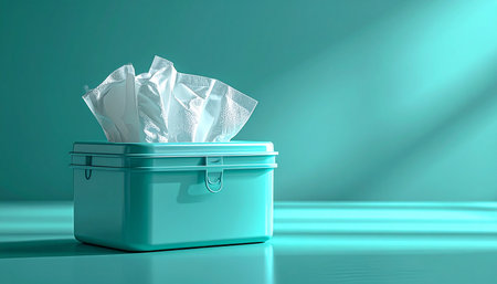 A single tissue emerges from a monochromatic teal box, bathed in serene rays of light. This minimalist scene evokes a sense of cleanliness, comfort, and gentle relief, perfect for concepts of health, hygiene, or emotional support.の素材