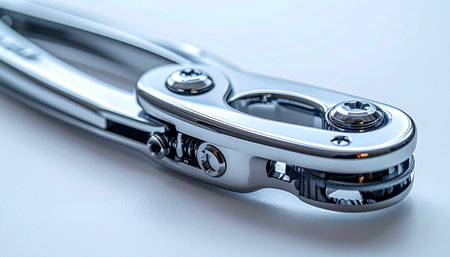 A detailed macro view reveals the intricate craftsmanship of a precision-engineered metal component. The polished chrome surfaces and tight tolerances speak to modern industrial design, innovation, and the reliability of advanced mechanical systems.の素材