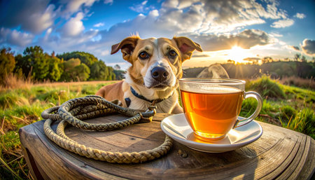 A loyal dog sits patiently, sharing a quiet moment at sunrise in the beautiful countryside. A warm cup of tea on a rustic wooden table symbolizes a peaceful start to the day, embodying tranquility, companionship, and the simple joys of a rural lifestyle.の素材