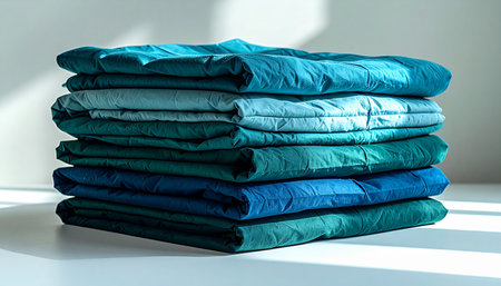 A neatly folded stack of cozy blue and green blankets sits in the soft morning sunlight, evoking a sense of calm, cleanliness, and fresh comfort. This minimalist scene is perfect for concepts of home, organization, and serene living.の素材