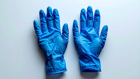 A pair of blue nitrile gloves lies ready on a sterile white surface, symbolizing preparedness and safety. An essential tool for healthcare professionals, they represent the first line of defense in maintaining hygiene and preventing the spread of infection in any clinical or laboratory setting.の素材