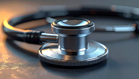A close-up of a stethoscope rests on a surface, bathed in warm light. This essential tool symbolizes the dedication of medical professionals, the precision of modern diagnostics, and the hope for health and healing in a clinical setting.の素材