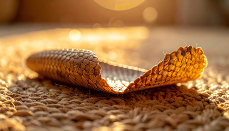 In the soft glow of the afternoon sun, a shed snakeskin lies as a delicate testament to growth and transformation. The intricate pattern of scales catches the light, symbolizing the cyclical nature of life and shedding the old to make way for the new.の素材