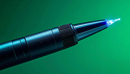 A macro view captures the precise tip of a pen, filled with blue ink and poised against a vibrant green background. This image evokes a moment of decision, the instant before a signature is placed on a contract, a creative idea is sketched, or an important note is written, symbolizing commitment, clarity, and the power of the written word.の素材