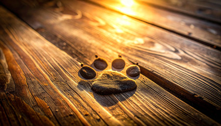 A single paw print is etched into a rustic wooden floor, bathed in the warm, golden glow of a setting sun. This poignant image symbolizes the lasting mark a beloved pet leaves on our lives, representing loyalty, memory, and an unbreakable bond.の素材
