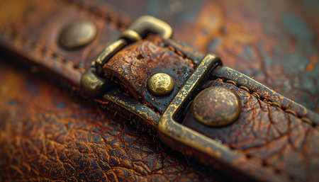A detailed macro shot captures the rich texture and history of a weathered leather strap. The aged brass buckle and rivets, showing a beautiful patina, suggest a long history of travel and adventure, evoking a sense of nostalgia and enduring craftsmanship.の素材